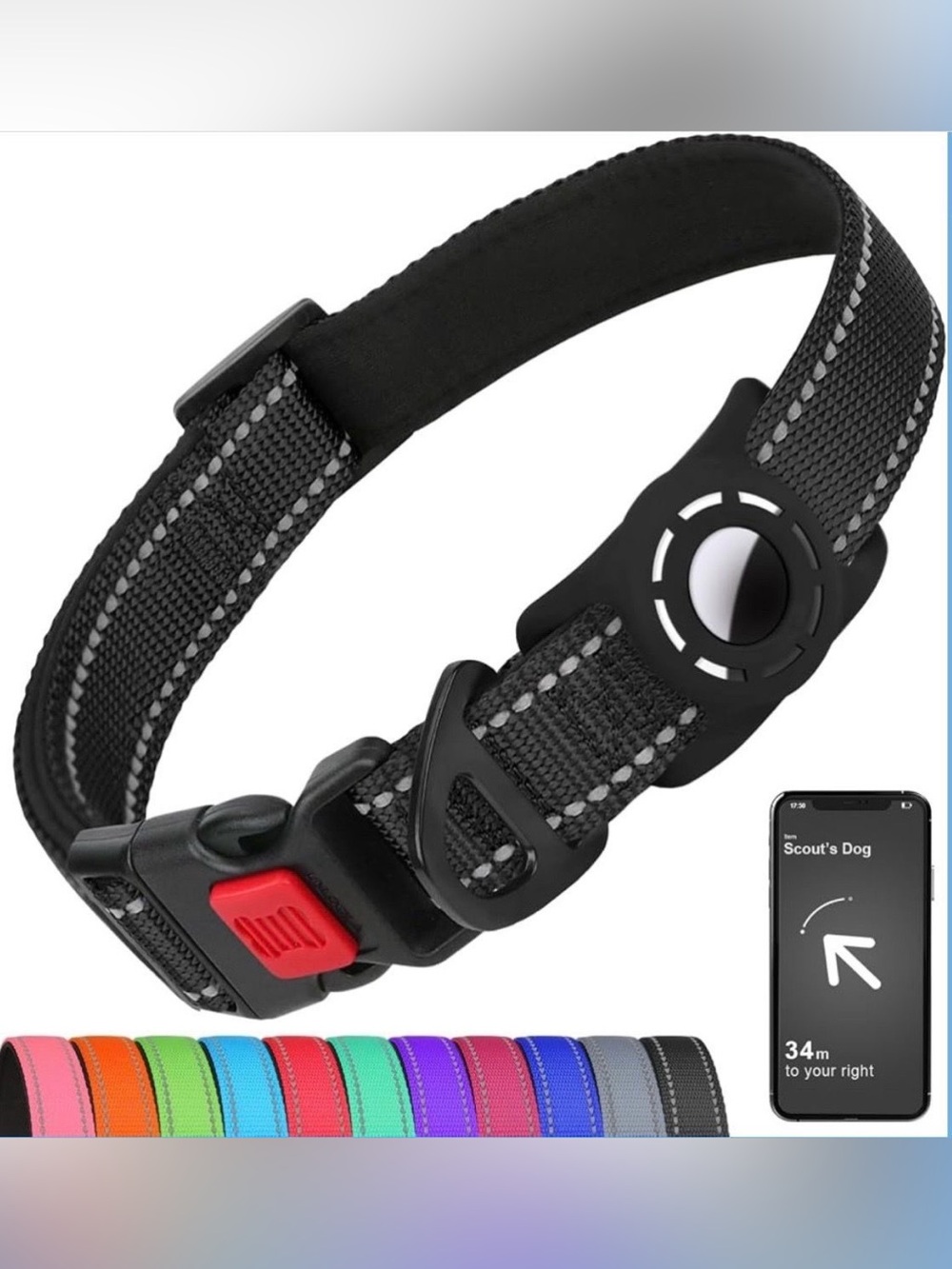 Reflective Dog Collar with Air Tag Holder.
Neoprene Padded Lining, Quick Release